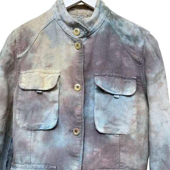 Pure Linen Utility Jacket Medium Blue Purple Tie Dye Cargo Womens Artsy Boho - Picture 2 of 12